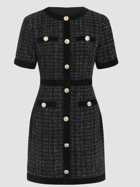 Cider Black Tweed Short-Sleeve Button-Front Mini Dress / XXS